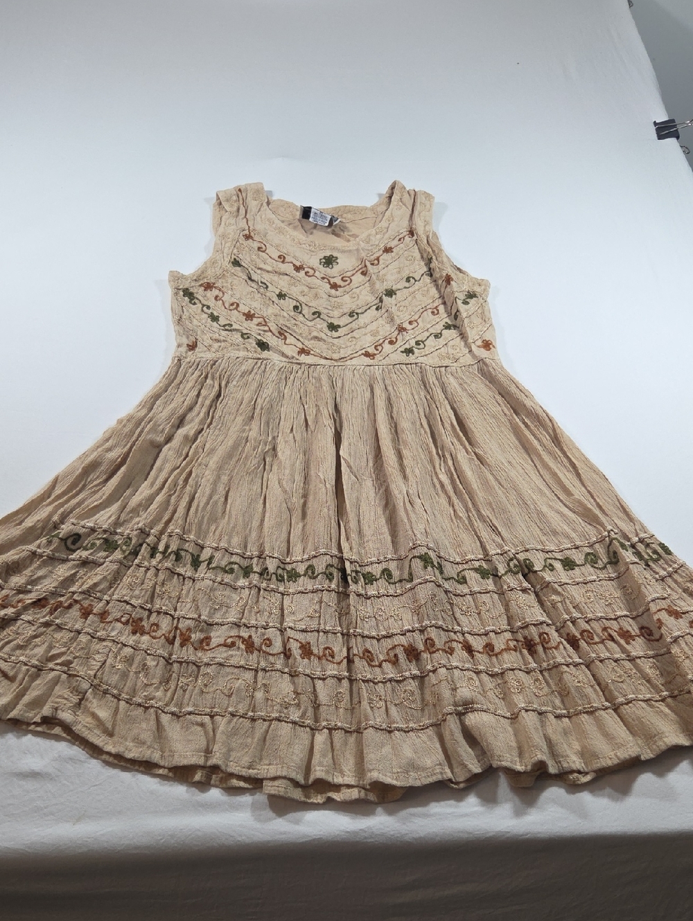 M.P.H. Beige Embroidered Boho Casual Dress Sleeveless Full Pleated Festival